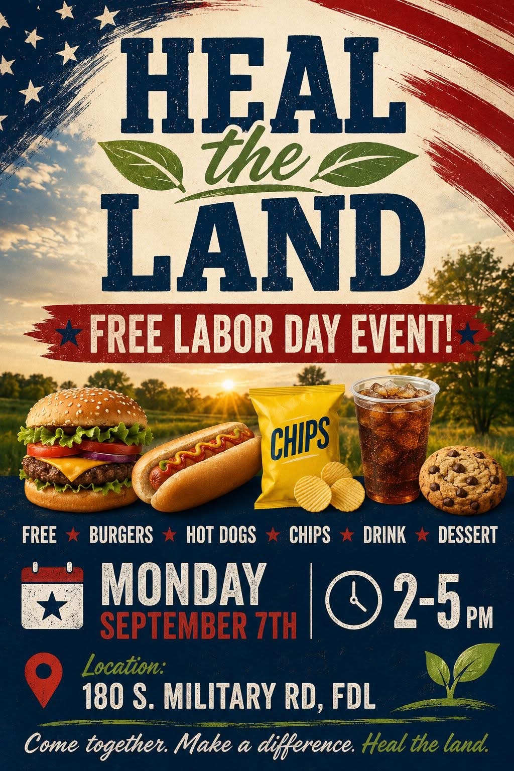 Heal the Land free Labor Day event flyer, Monday September 7, 2 to 5 PM, 180 S. Military Rd, Fond du Lac