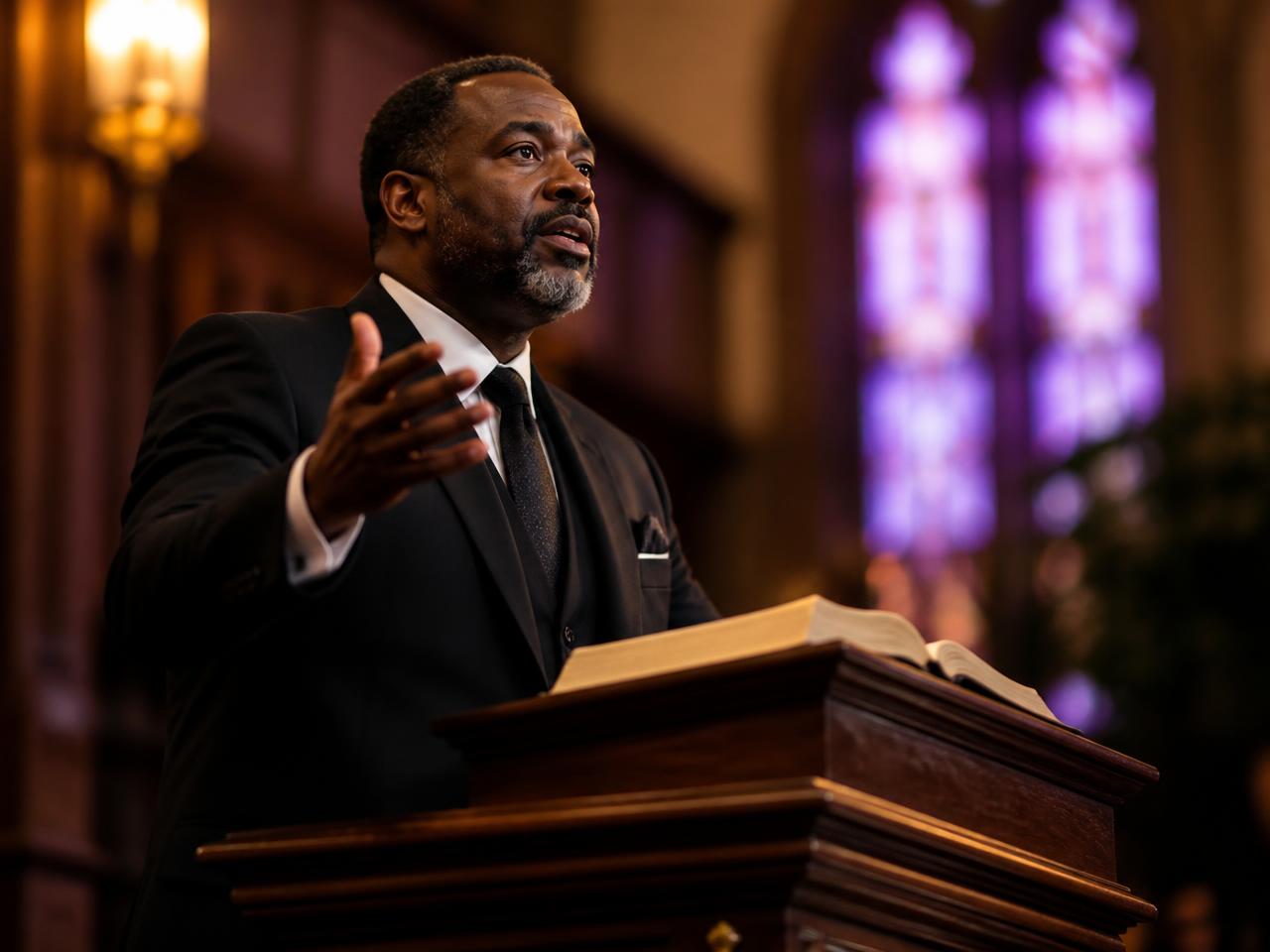 Bishop preaching from the pulpit at Bread of Life Cathedral of Hope